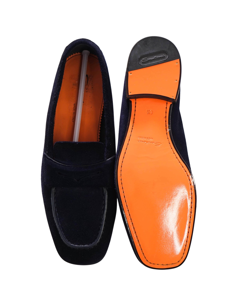 $850 SANTONI - Navy Blue Suede Loafers -  US 7.5 (6.5UK)